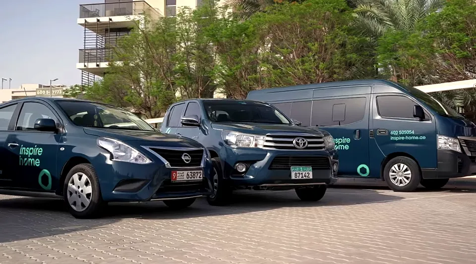 Branded cars, pick-up and van from the Inspire Home fleet, vehicle branding in Abu Dhabi